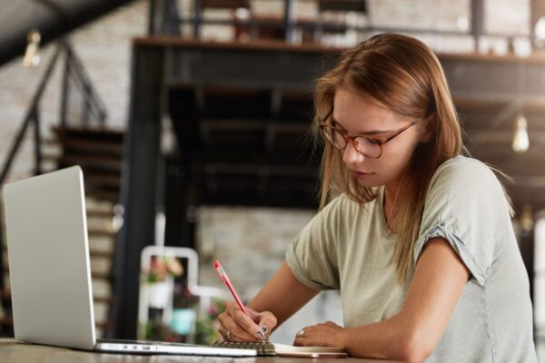 Young Blonde Woman With Glasses Cafe